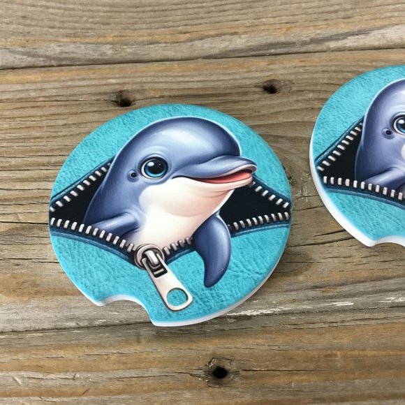 Dolphin Peek-a-Boo Zipper Car Coasters Set of 2 - Picture 3 of 6